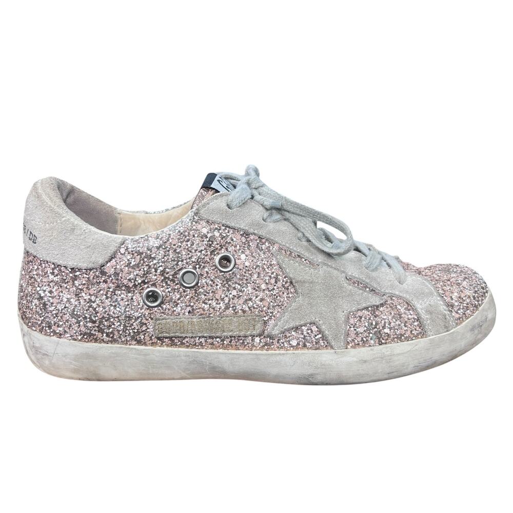 Golden Goose GGDB Super-Star Pink Gold Glitter Gray Suede Sneakers Size 38 US 8